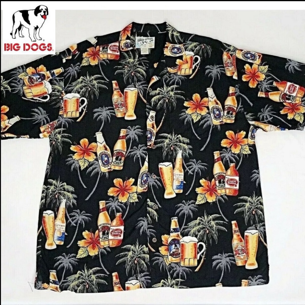 Mens BIG DOGS Short Sleeve Button Front Colorful BEER Print Casual Shirt LARGE